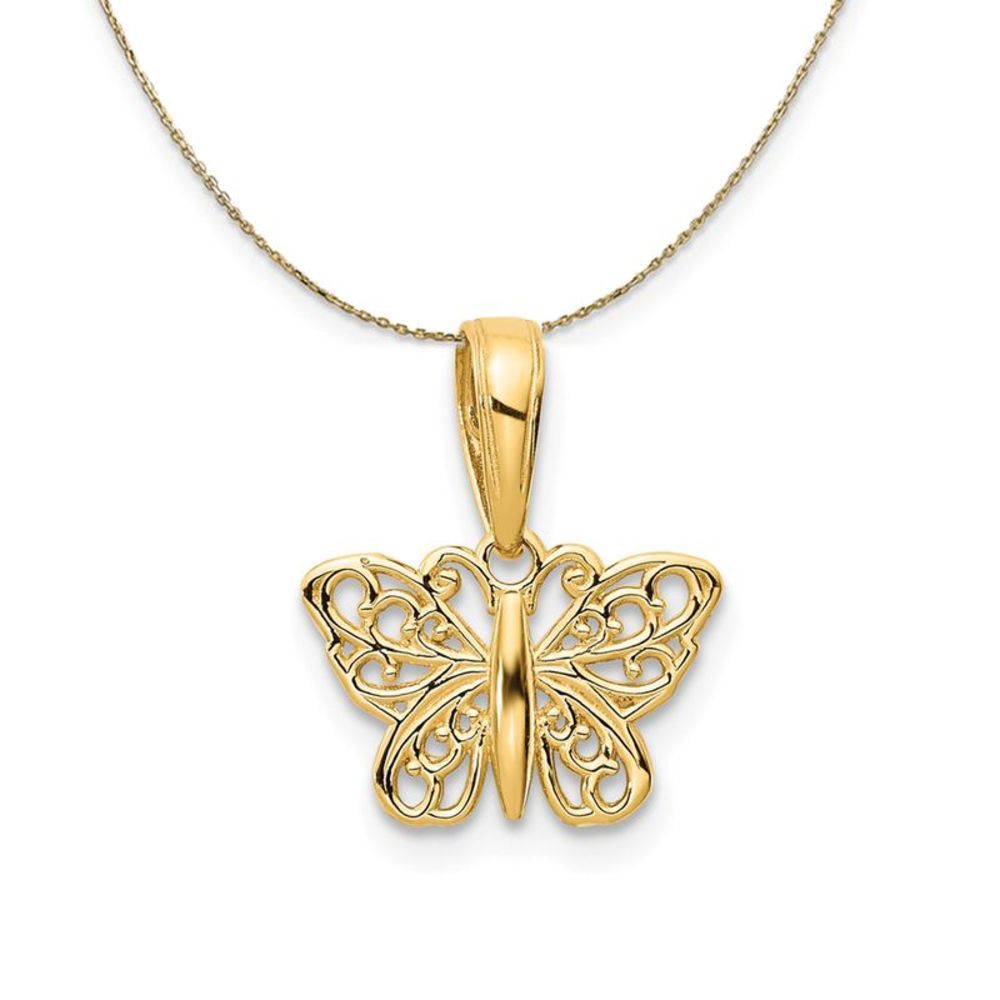 14k Yellow Gold Polished Filigree Butterfly Necklace - 16 Inch